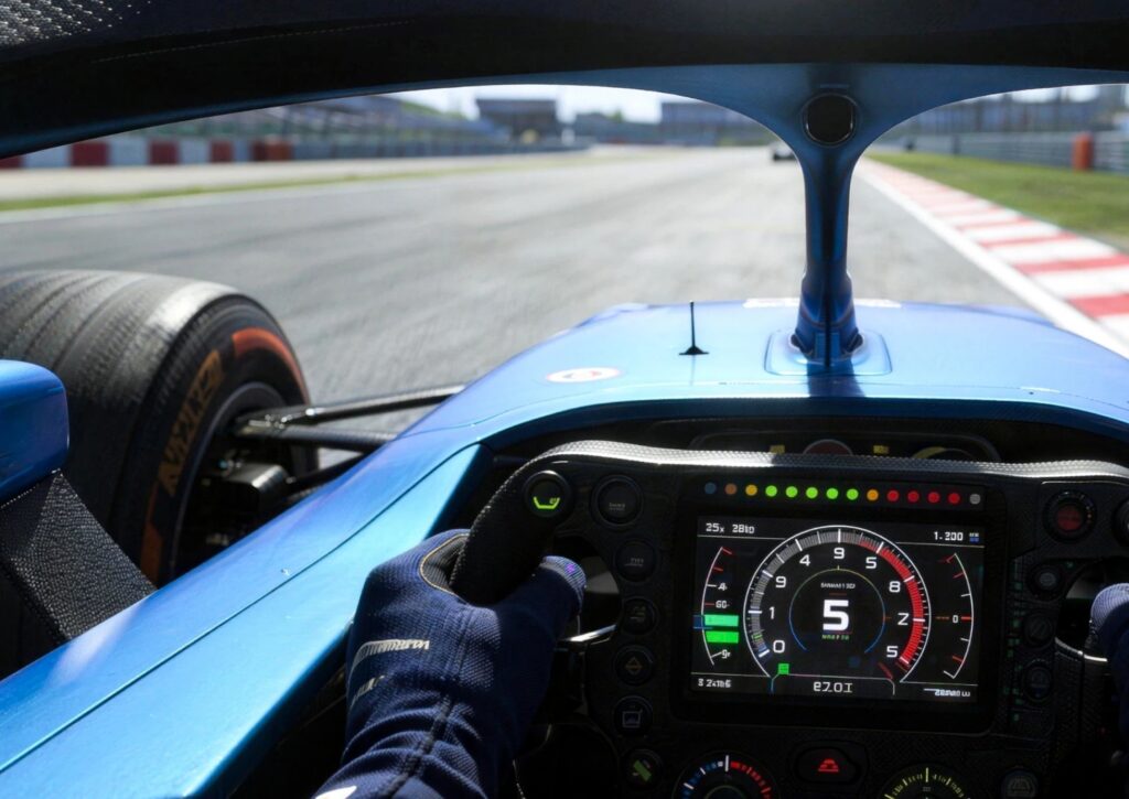 La vue depuis le cockpit d'une monoplace, avec l'écran du volant lisible