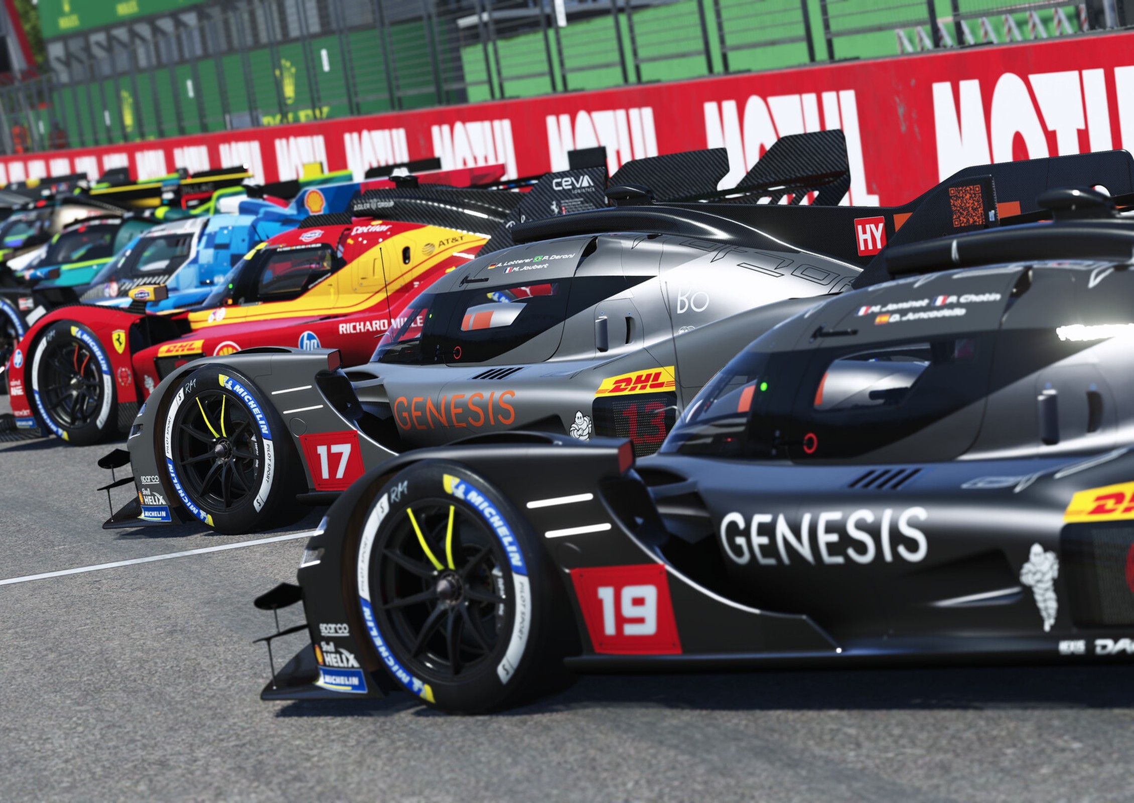 La grille de départ des Hypercars, avec les Genesis noires numéros 17 et 19 au premier plan, dans Le Mans Ultimate