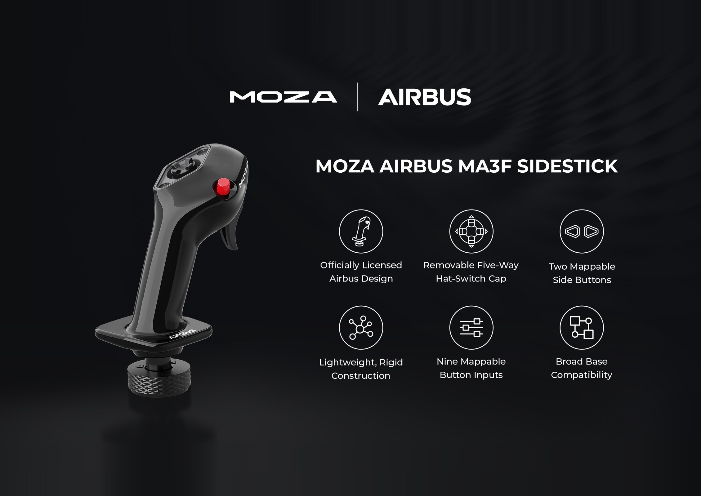 Le sidestick MOZA AIRBUS MA3F en entier, avec ses principales caractéristiques