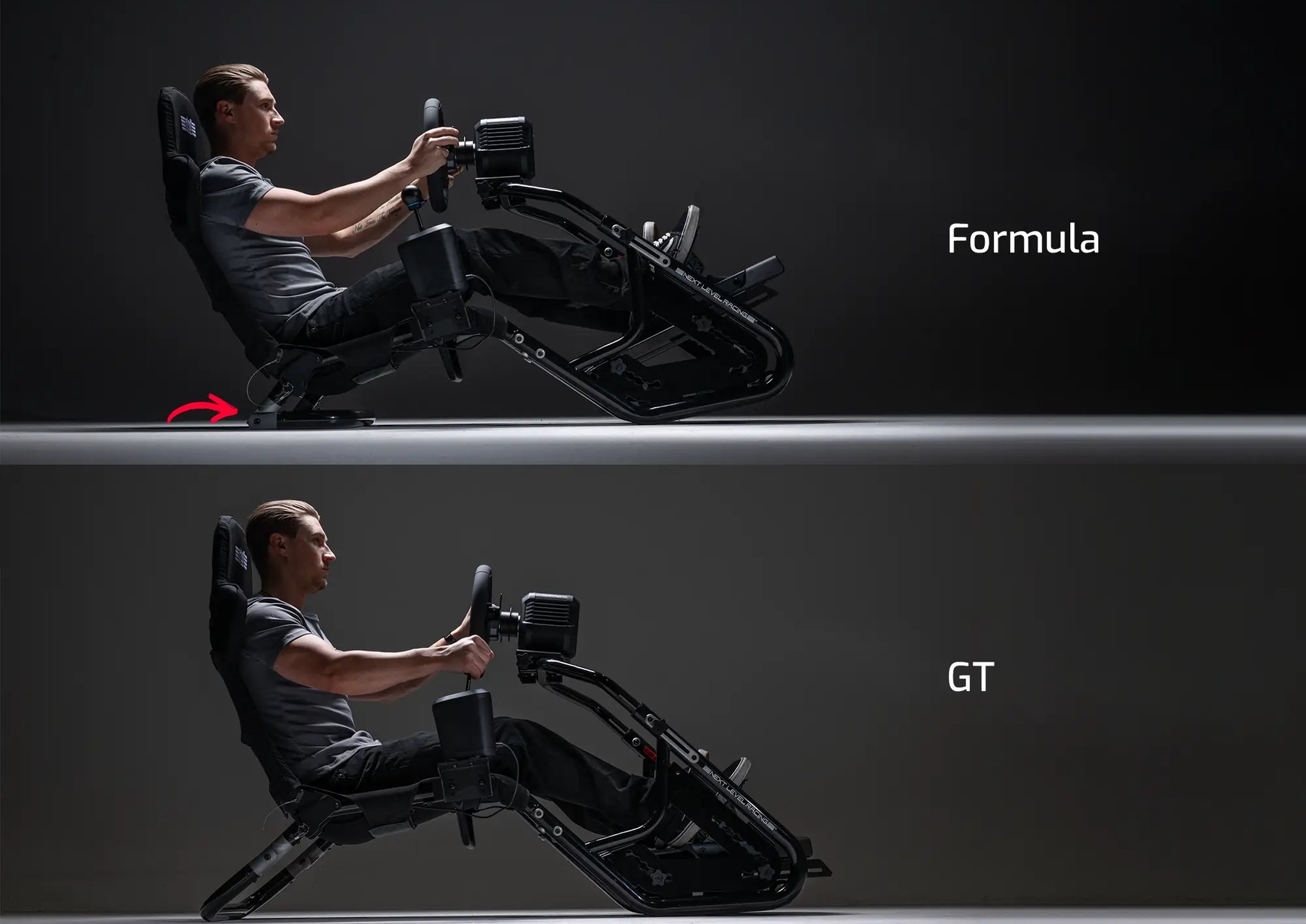 Le F-GT Shift en position Formule puis en position GT, avec un pilote au volant