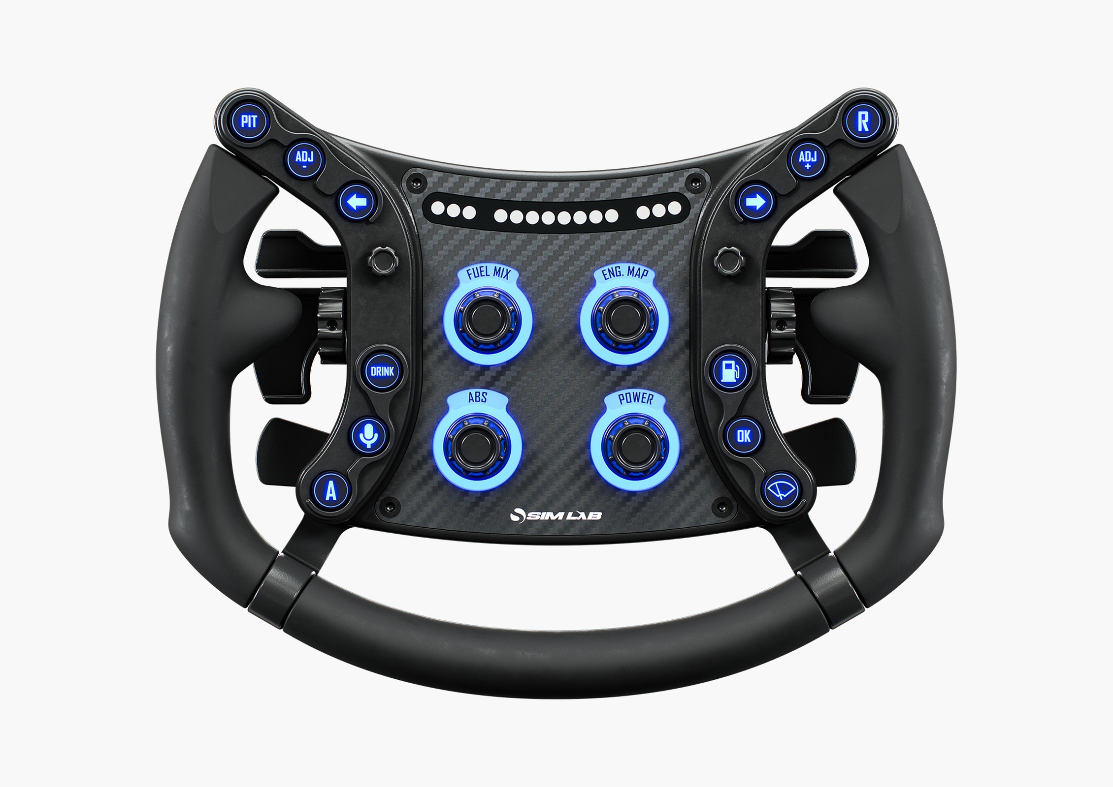 Sim-Lab GTSL Pro steering wheel, viewed from the front, with its blue backlit buttons