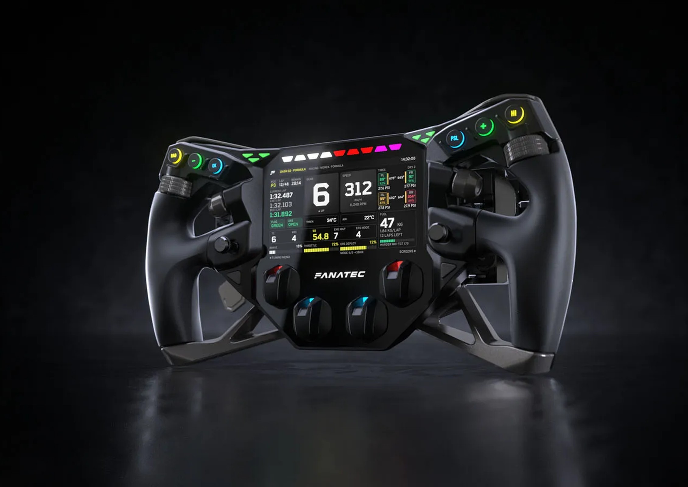 Le prototype de volant Fanatec Project Obsidian vu de trois quarts, sur fond noir