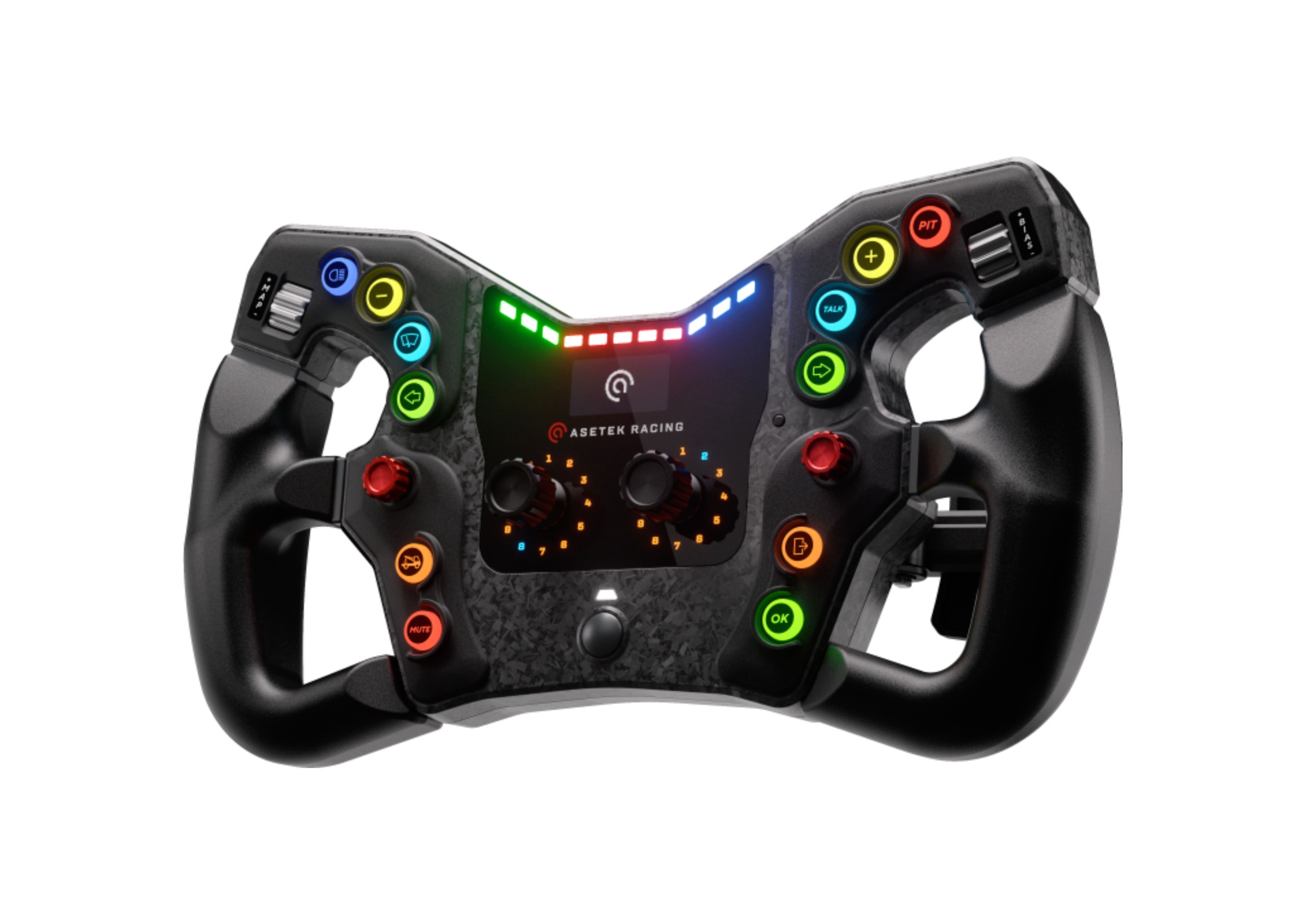 Le volant Asetek GT Nova vu de face sur fond blanc, avec ses boutons de couleur et sa barre de LED