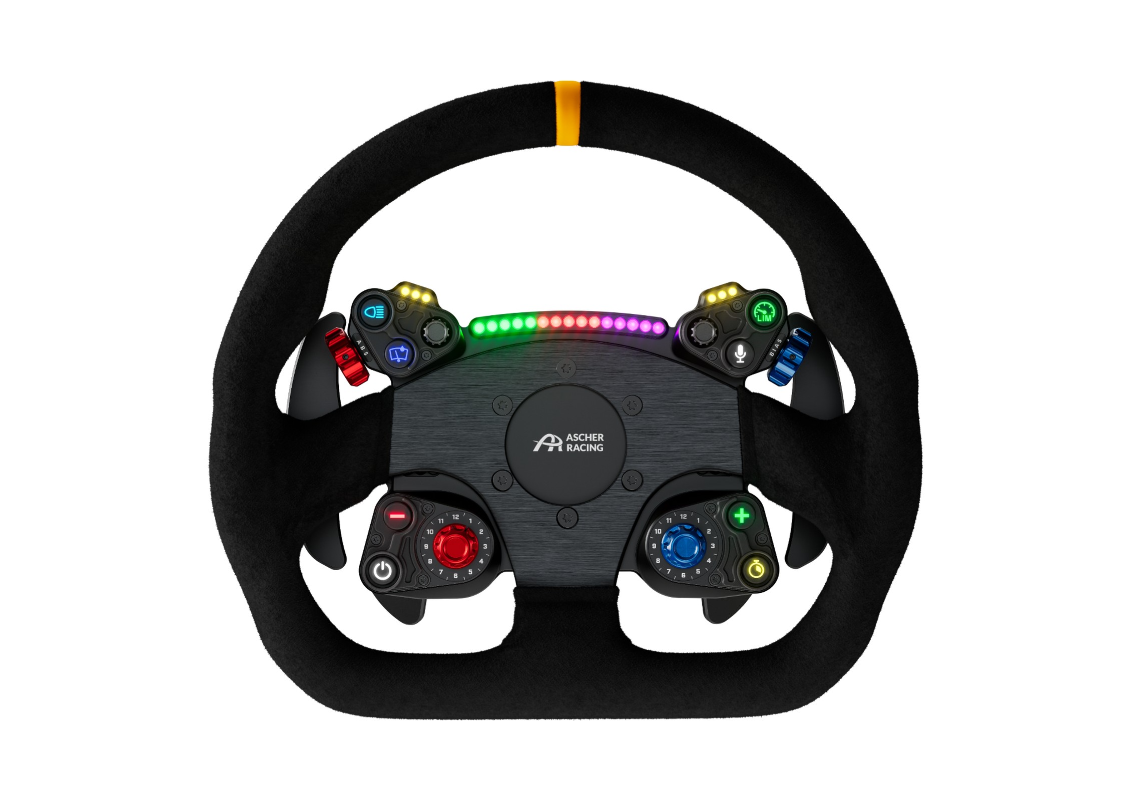 Le volant Ascher Racing AURA GT 32D vu de face, avec sa jante en suédine à bas plat