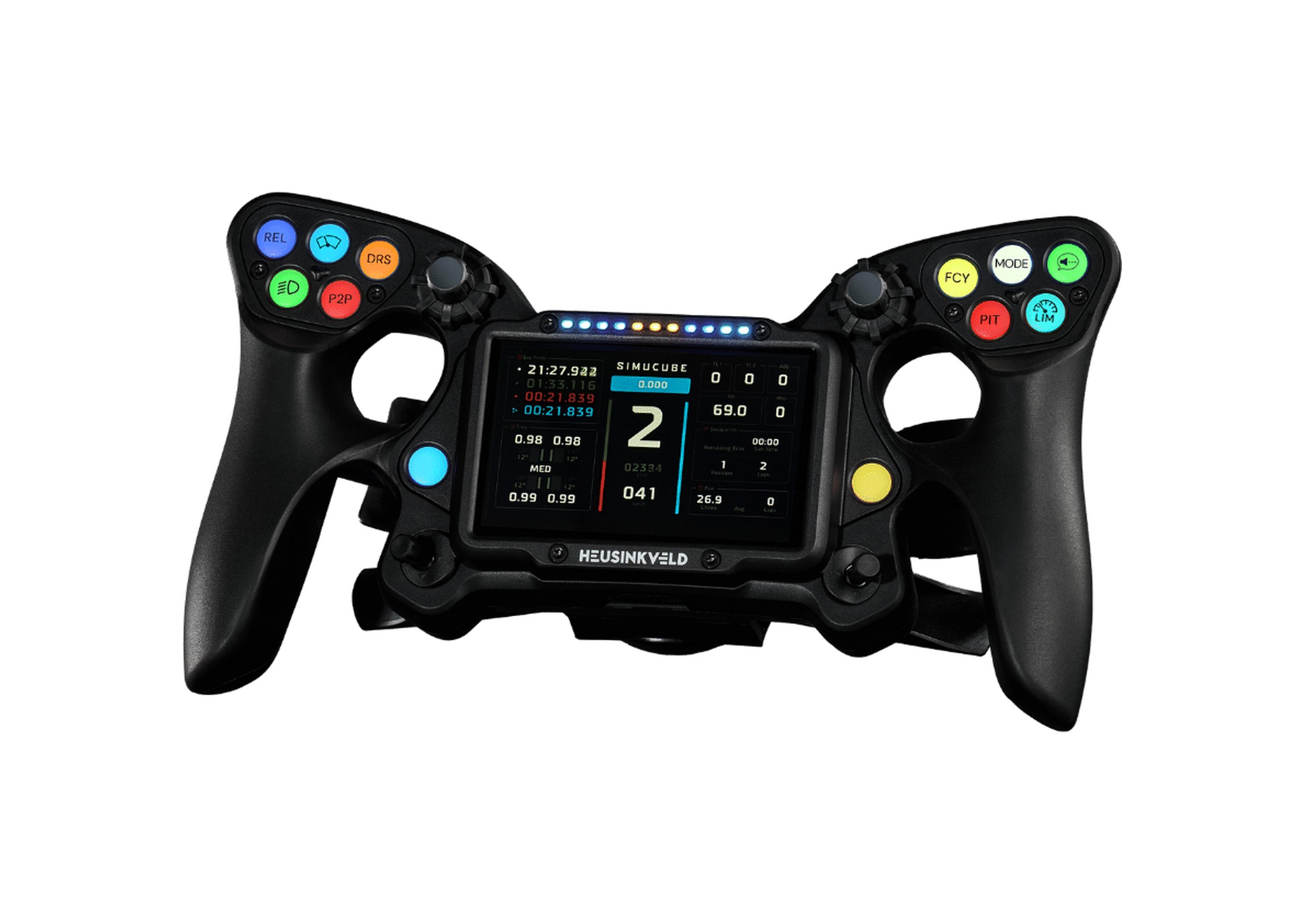 Le volant Heusinkveld One SC vu de face, avec son écran tactile Simucube au centre