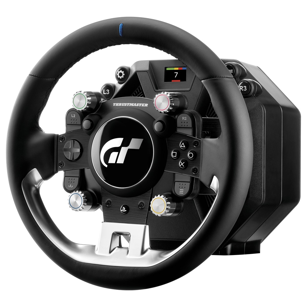 Thrustmaster T-GT III, podstawa Direct Axial Drive i oficjalna kierownica Gran Turismo, widok z trzech czwartych